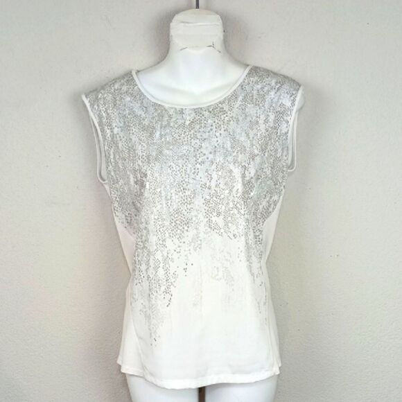 Calvin Klein White and Silver Sequin Top sz L Y2K - Picture 1 of 10